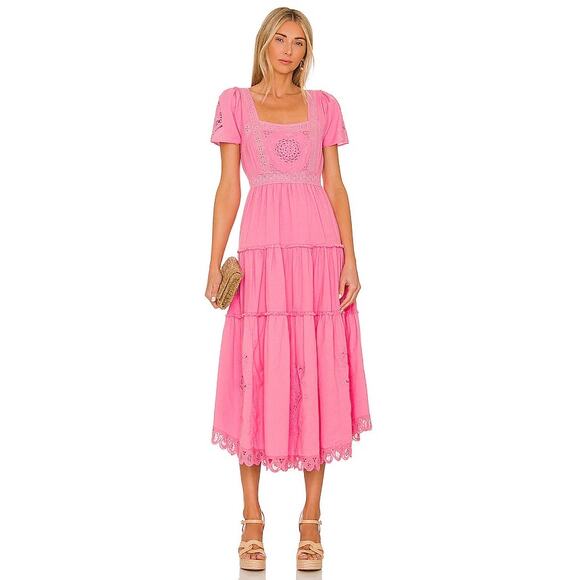 LOVESHACKFANCY Prairie Dress Watermelon Punch Pink Cotton Linen Blend Size 8 - Picture 1 of 9